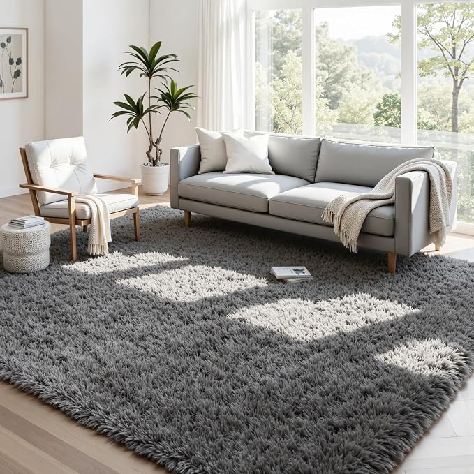 4x6 Fluffy Shag Area Rugs for Living Room Bedroom: Soft Carpet Light Gray | Upgraded Non-Slip Thick Memory Foam, Ultra Soft, Non-Shedding Fuzzy Carpet, Easy Clean Decor for Kids Room, Nursery, Playroom