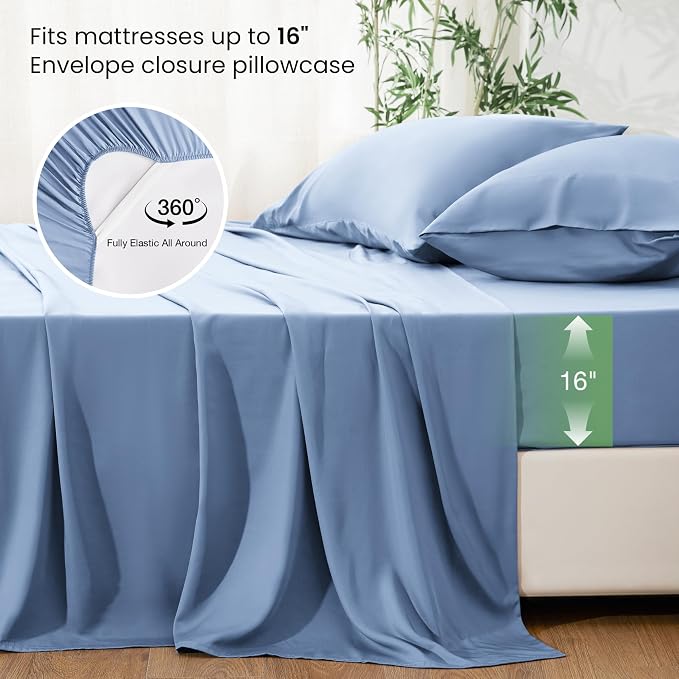 Love's cabin 3 Piece Twin Sheet Set, 100% Rayon Derived from Bamboo, Cooling & Breathable, Soft Silky Deep Pocket up to 16", Hotel Luxury Bedding for Hot Sleepers, Mineral Blue