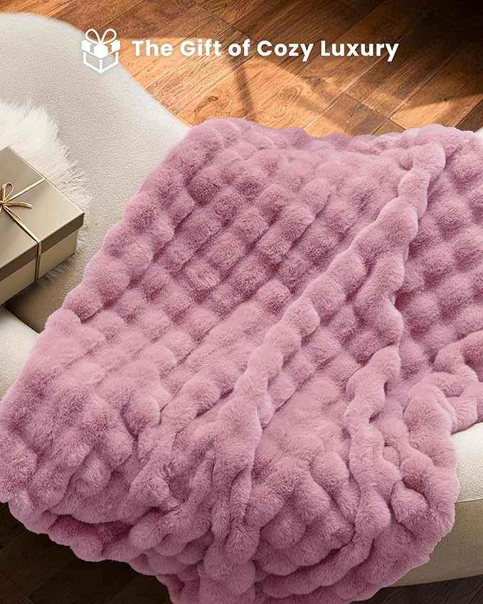Ultra Soft Cozy Faux Fur Throw Blanket, Fuzzy Plush Thick Bubble Blanket, Oversize Luxury Fluffy Blanket for Couch, Sofa, Bedroom, and Living Room,50x60 Inches,Pink