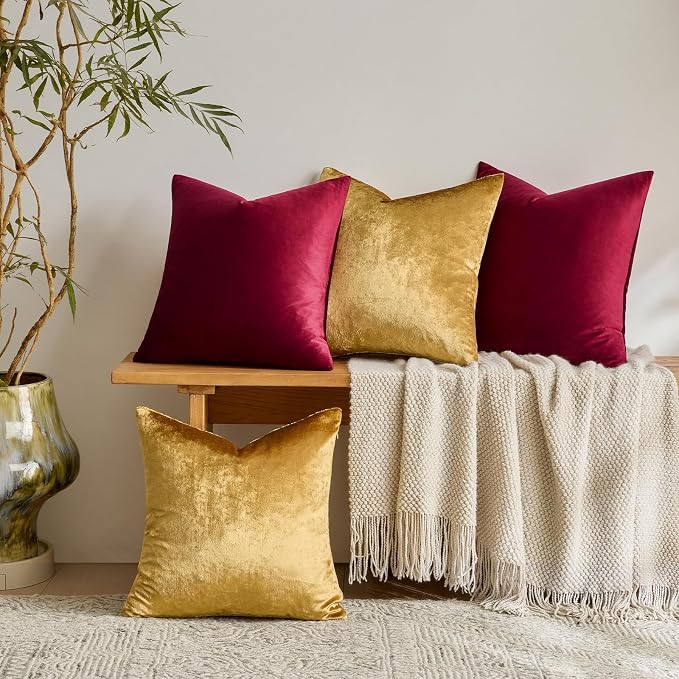 GIGIZAZA Pack of 4 Decorative Velvet Pillow Covers 18x18 Burgundy Gold | Throw Pillows for Couch Sofa,280gsm Soft Textured Fabric,Modern Accent Pillowcases,Luxury Living Room Cushion Covers