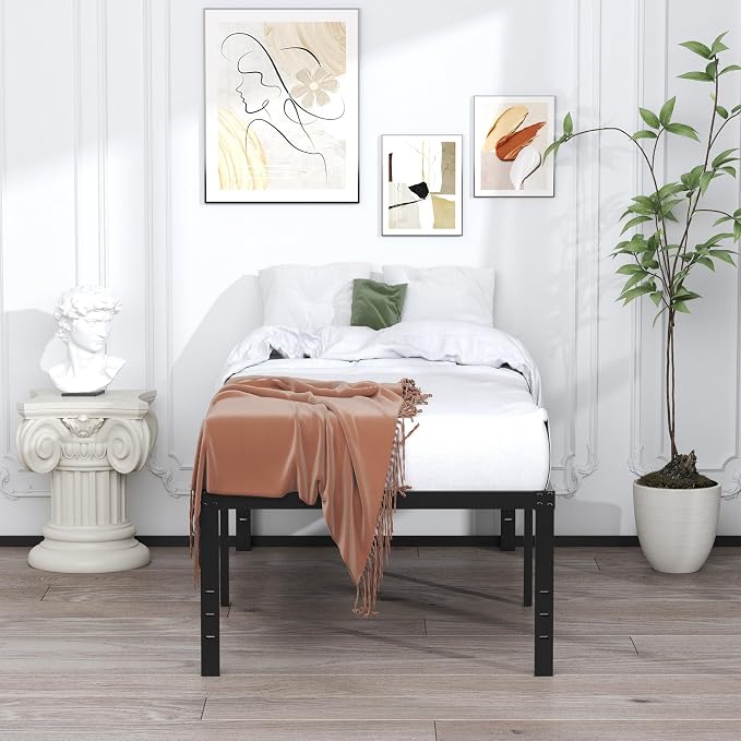 EMODA 20 Inch Twin Bed Frame No Box Spring Needed | Heavy Duty Tall Metal Twin Platform Bed Frames with Large Storage Space, Noise Free, Easy Assembly, Black