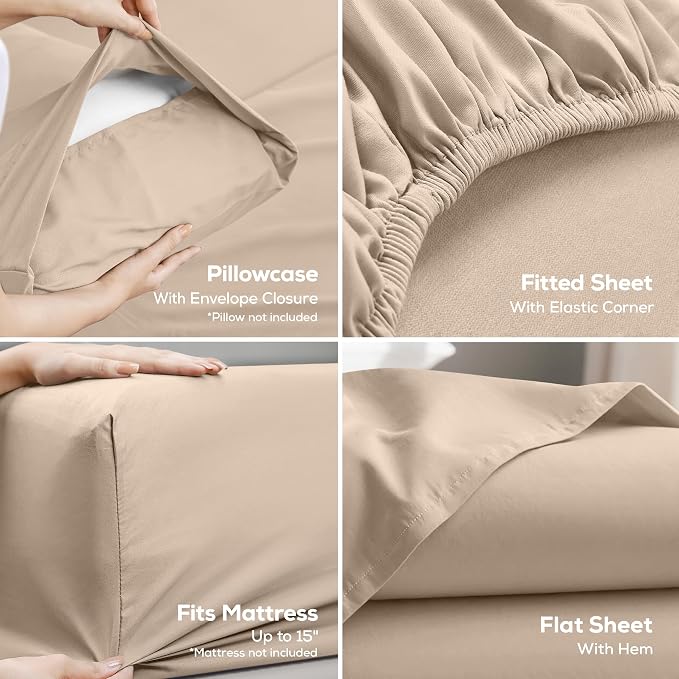 Full Sheets Set, 4 Pieces 16" Deep Pocket Hotel Luxury Bed Sheets, Beige | Extra Soft Bedsheet Set, Comfy & Breathable Cooling Sheets, Wrinkle & Fade Resistant, Fitted Sheet, Flat Sheet, 2 Pillowcases