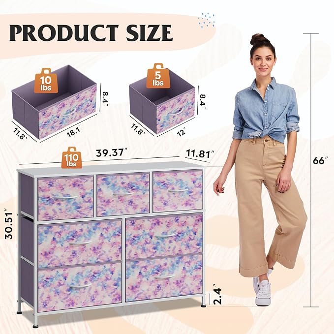 WLIVE Dresser for Bedroom, 7 Drawers, TV Stand, Tie-Dye | 7 roomy fabric drawers, Fits TVs up to 45 inch, Bedroom or living room, Wide storage design, Chest of drawers