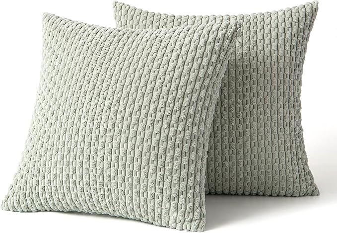 MIULEE Decorative Throw Pillow Covers 16x16 Light Green Textured Corduroy | Pack of 2 Striped Pillow Covers Modern Farmhouse Home Decor for Couch Bed Sofa Living Room