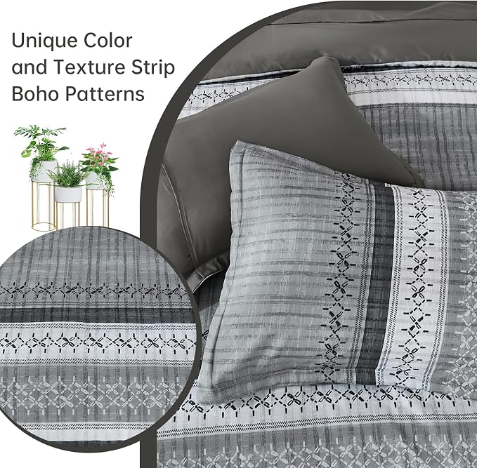 Dintszyayue Grey Queen Comforter Size Set, 8 Pieces Striped Texture Bed in a Bag Bedding Sets, Lightweight Soft Comforter and Sheet Set, All Season Microfiber Teen Boys Bedding Sets for Men Women