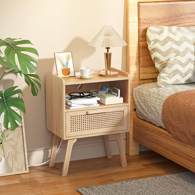 Lerliuo Rattan Nightstands Set of 2 with Charging Station, Boho Night Stand | Handmade Natural Rattan Drawer and Open Shelf, Side End Tables with Solid Wood Legs for Bedroom, Dorm, Small Spaces