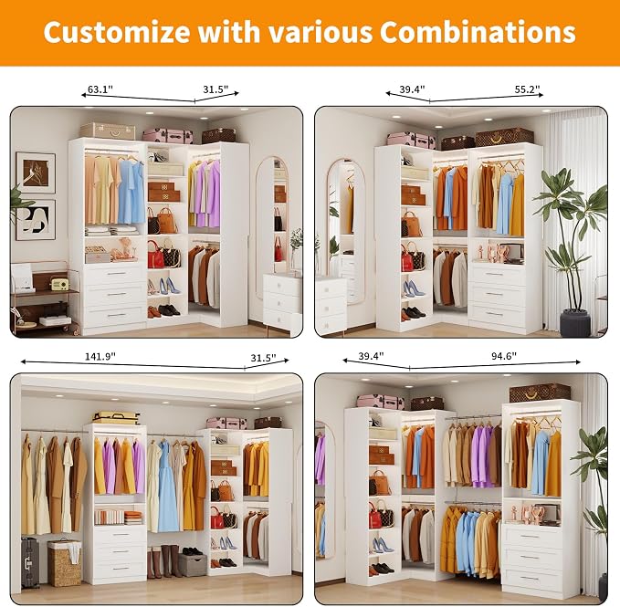 Closet System with 3 Drawers, Corner Closet Organizer Systems with 7 Shelves & 5 Hanging Rods L-Shaped Walk in Closet Freestanding Corner Tower Modular Storage System 2 Sets 1400+ Lbs Capacity White