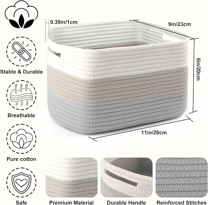 4 Pack Storage Baskets for Organizing, 11''Lx9''Wx8''H Woven Baskets for Storage Toys, Towels, Books, and Clothes, Cotton Rope Basket for Shelves with Handle