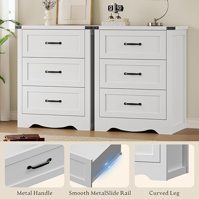 BORNOON 3-Drawer Dresser for Bedroom, Small Wooden Chest of Drawers with Metal Handles, Narrow Storage Cabinet with Anti-Tipping Design, Sturdy Dresser Organizer for Closet, Living Room, Entryway