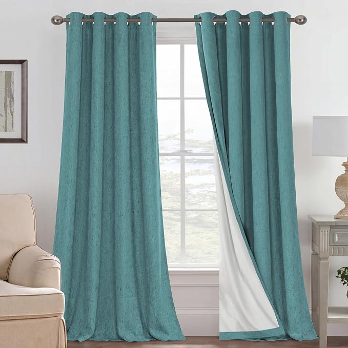 H.VERSAILTEX Blackout Curtains Linen Curtains 120 inches Long 100% Black Out Curtains for Bedroom Windows, Textured Linen Look Draperies Grommet with White Liner, 2 Panels, Teal
