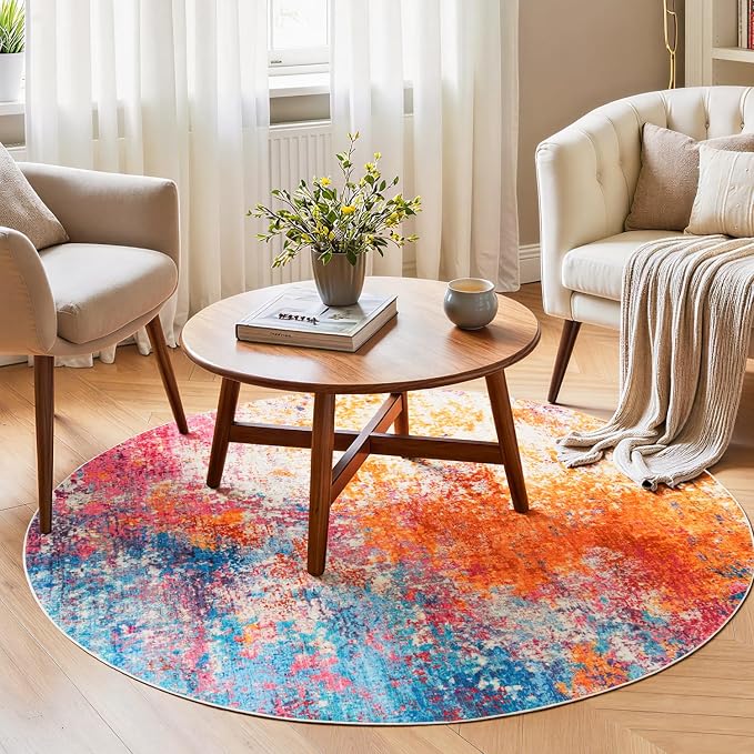 Rugflix Round Area Rugs 4Ft for Living Room, Washable Colorful Circle Rug | Machine Washable; Stain-Resistant; Low Pile; Non-Slip; Modern Abstract; Carpet for Bedroom Dining Office Nursery Home