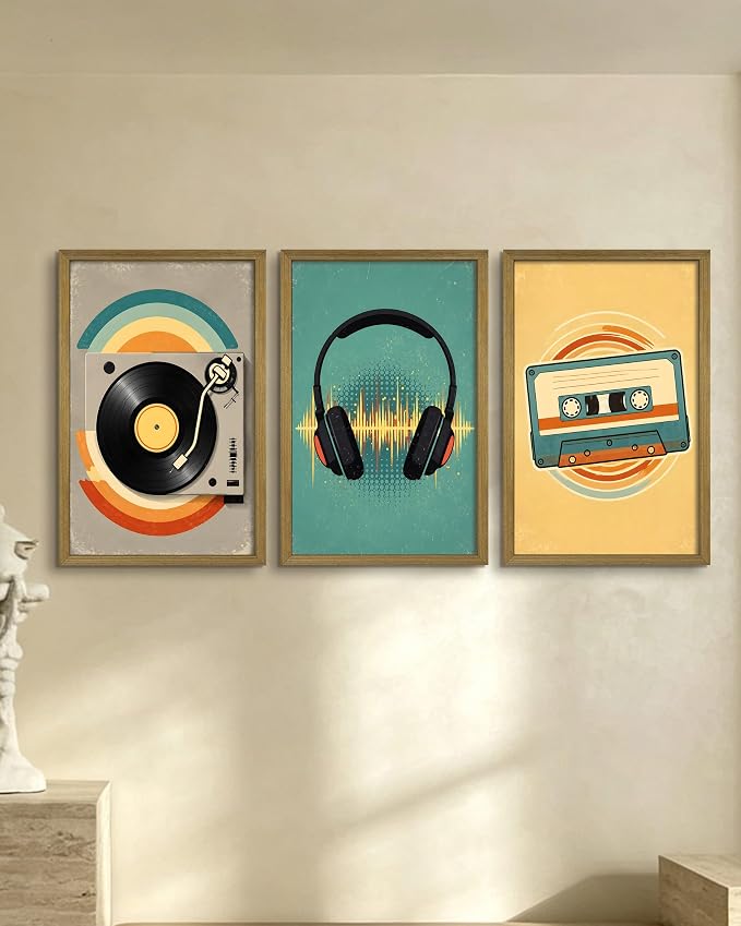 Framed Vintage Music Canvas Wall Art Set of 3, Vinyl Record Headphones Cassette Wall Decor Painting, Rustic Mid Century Music Print Pictures for Bedroom Living Room Office Studio Decor 16x24 Inch
