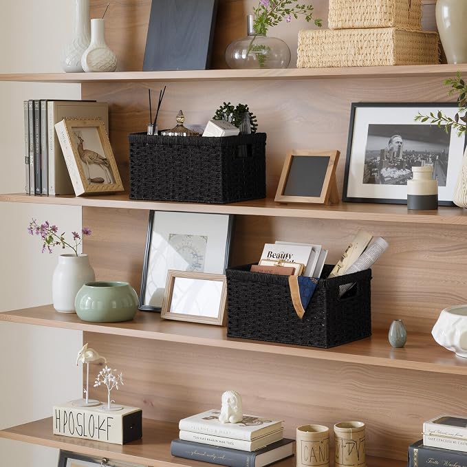StorageWorks Wicker Storage Baskets for Organizing, Black Baskets, 2-Pack | Paper Rope Black Wicker Baskets, Wicker Storage Baskets for Shelves, Pantry Organizers and Storage, Black Woven Baskets
