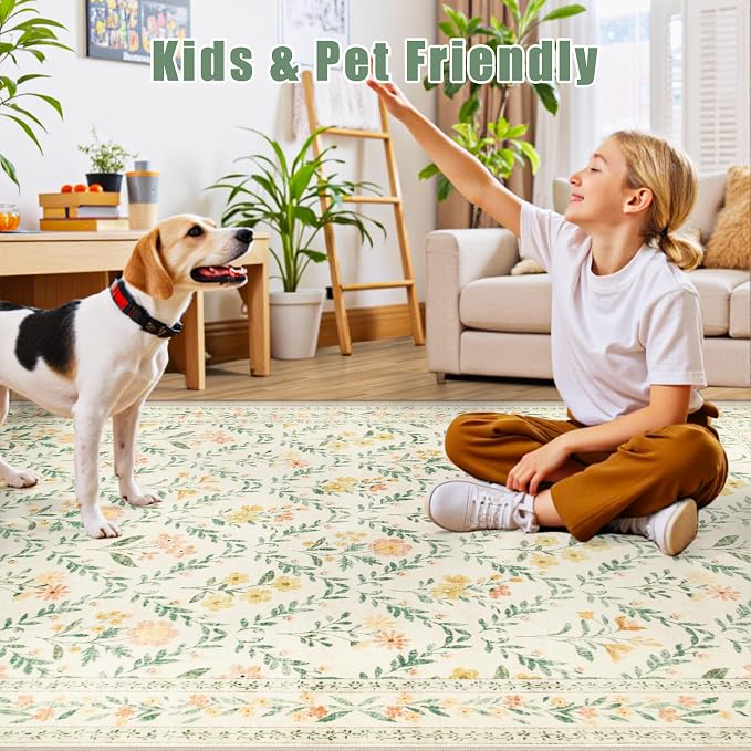 PLHXFR 2.6x14 Washable Runner Rug：Floral Indoor Kitchen Carpet Beige Multi | For Hallway Bedroom Kitchen Laundry Bathroom Dorm,Vintage Floral,Machine washable,Non Slip,Stain Resistant,Indoor Floor