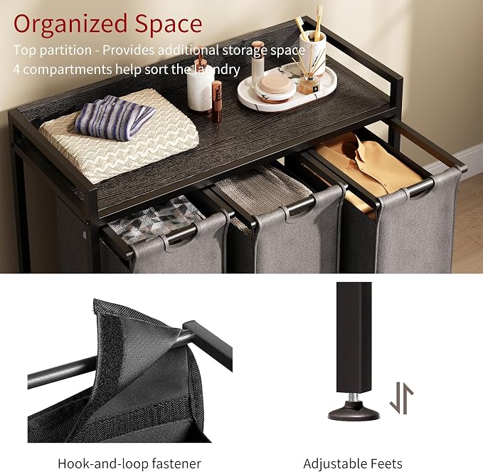Herture Laundry Hamper with Shelf, Laundry Basket 3 Section, Laundry Sorter with Pull-Out Removable Large Bags and Movable Wheels, Metal Frame, 3 x 15.87 Gallons (60L), Black and Gray PF04XLC