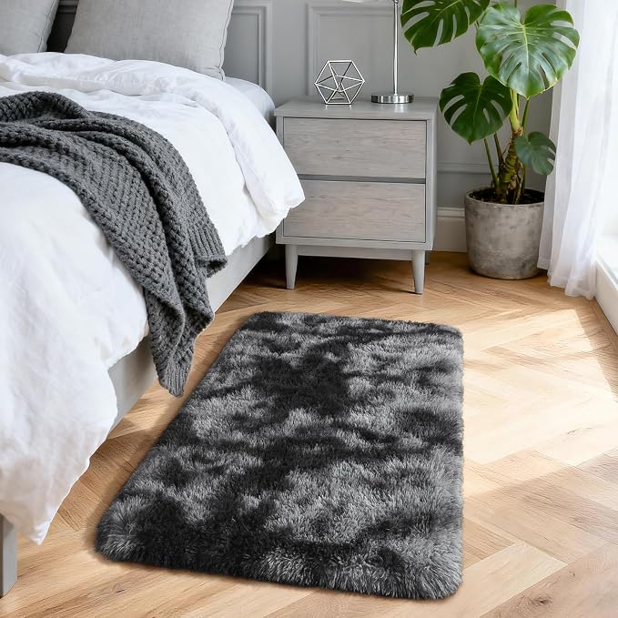 2x3 Small Rug for Bedroom Livingroom Mini Space Home Decor, Modern Indoor Shaggy Plush Fluffy Furry Fur Rugs Comfy Nursery Kids Room Floor Carpet, Tie-Dyed Black & Grey
