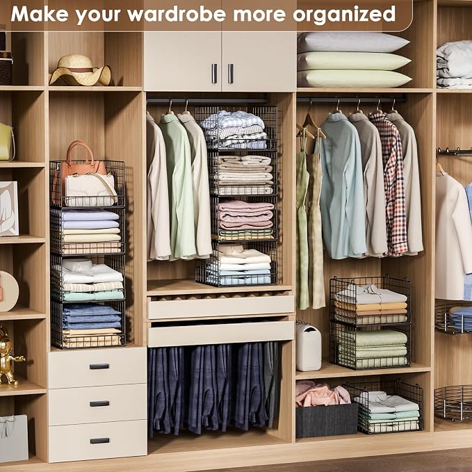 Stackable Closet Organizers and Storage Baskets, 4-Tier Closet Shelf Organizer , Space-Saving Clothes Storage Drawer, Foldable Clothes Storage Bins for Closet Organizer System, Black(Patent 30022416)