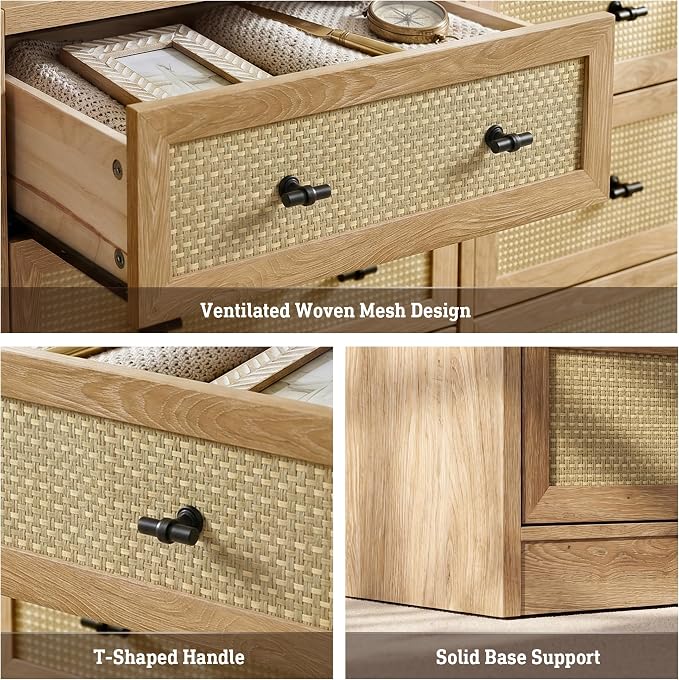 9 Drawers Dresser for Bedroom, 63" Wide Rattan Dressers w/Charging Station | Chest of Drawers with 4 Custom Drawers, Long Dresser TV Stand, Wood Closet Clothes Storage Organizer for Living Room