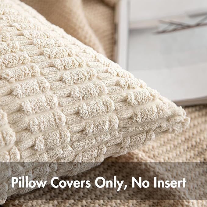 MIULEE Lumbar Corduroy Decorative Throw Pillow Covers 24x14 Cream White | Pack of 2 Soft Boho Striped Pillow Covers Modern Farmhouse Home Decor For Sofa Living Room Couch Bed