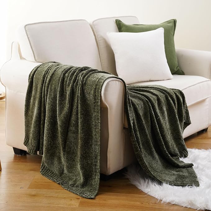 Olive Green Chenille Throw Blanket for Couch, Cozy Knit Throw Blanket 51x67 | Shiny Chenille Blanket, Super Soft Dark Green Blankets Knitted Blankets for Bed Sofa Home Decor