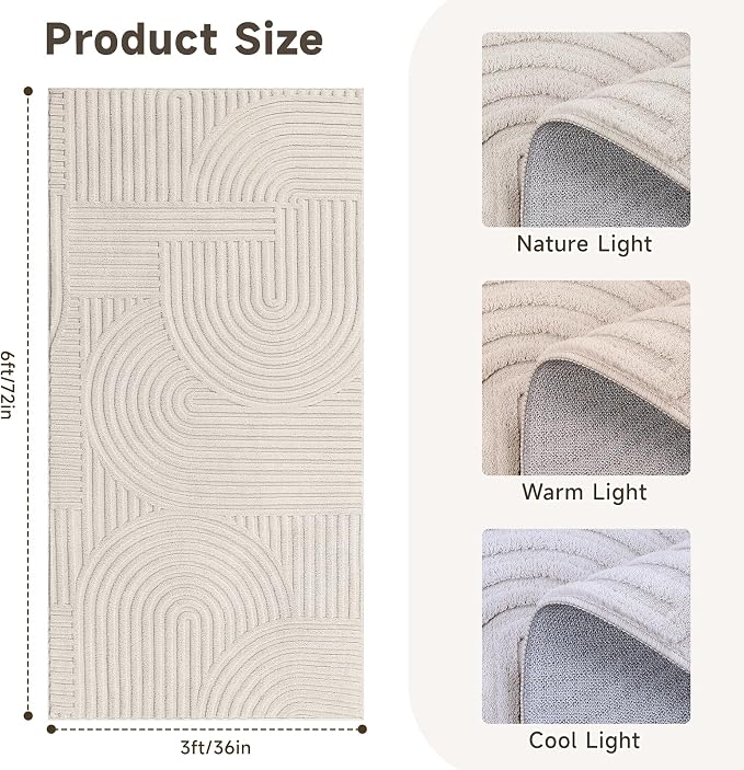 Pauwer 3x6 Area Rugs for Living Room, Modern Non Slip Washable Rug, Beige | Arch Pattern, Soft Fluffy, Neutral, Boho Accent, Solid Color Floor Carpet, For Kids Room Dining Room Nursery Entryway