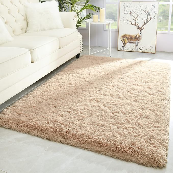 Modern Soft Fluffy Large Shaggy Rug for Bedroom Livingroom Dorm Kids Room Indoor Home Decorative, Non-Slip Plush Furry Fur Area Rugs Comfy Nursery Accent Floor Carpet 4'x6' Light Tan