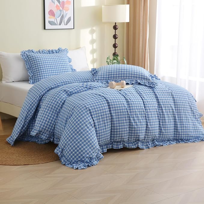 Silnuo Pastel Blue/White Plaid Ruffle Duvet Cover Set King Size | 100% Washed Cotton Farmhouse Gingham Checkered Bedding Set Vintage 3-Piece Comforter Cover Set(King,Pastel Blue/White)