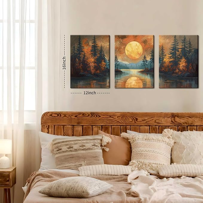 Framed Gold Mountain Forest Sunset Landscape Wall Art Set of 3, Abstract Boho Lakeside Forest Sunset Wall Decor, Vintage Nature Landscape Canvas Prints Poster for Living Room Bedroom Office 12x16 Inch