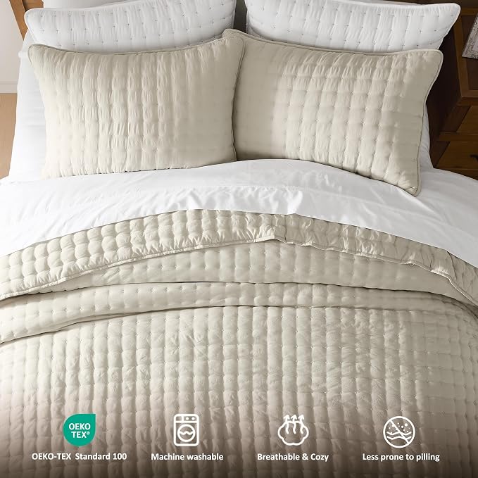 WDCOZY Beige California Oversized Cal King Size Quilt Bedding Sets with 2 Pillow Shams, Neutral Lightweight Soft Bedspread Coverlet Bed Cover for All Season, 3 Pieces, 116x106 inches
