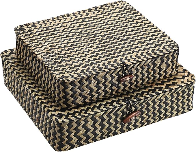 Hipiwe 2Pcs Flat Wicker Woven Basket with Lid Natural Seagrass Storage Box | Shelf Baskets Bin for Home Decor, Multipurpose Household Basket Organizer, Set of 2, Blacks Strips