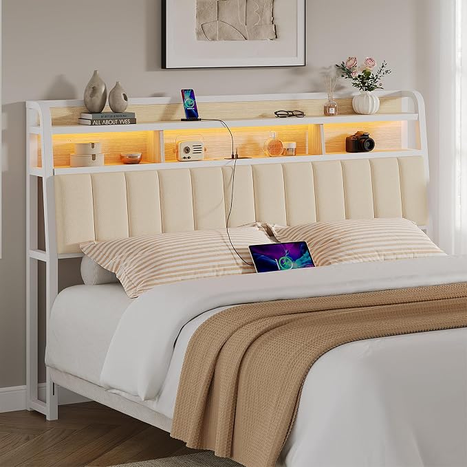ComfyCorner King Size Headboard with Storage & LED Light, Off White | Upholstered Ergonomic Head Board with Power Outlets & 2-Tier Storage, King Headboard Only, Bed Frame Mounting, Heavy Duty