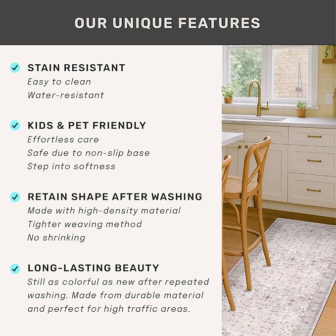 Washable Long Runners for Hallways, 3x8 Low Pile Kitchen Runner Rug, Bohemian Light Gray & Sage Entryway Indoor Rug, Distressed Floral Geometric Design, Non-Slip Stain & Fade Resistant