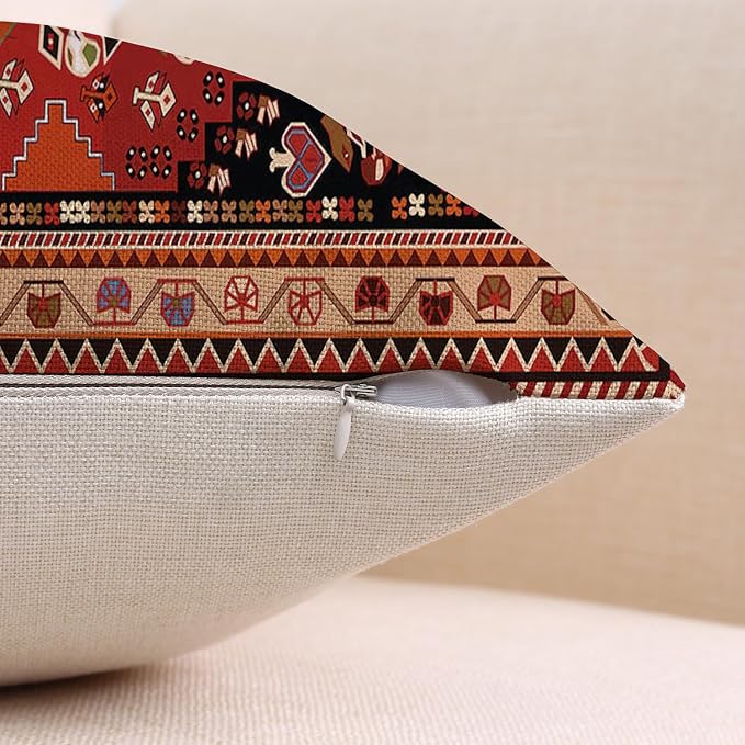 Outdoor Waterproof Pillow Covers 18x18 Inch Set of 2 Tribal Abstract Red and Black Vintage Carpet Pattern Decorative Farmhouse Pillow Covers for Couch Garden Balcony