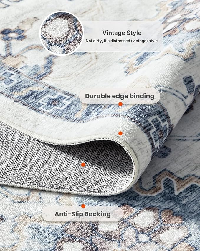 AMADA HOMEFURNISHING Washable Area Rug, Low-Profile Large Area Rug with Non-Slip Backing & Durable Edge Binding, Vintage Large Rugs for Living Room, Bedroom, Dinning Room (8x10,Blue/White)