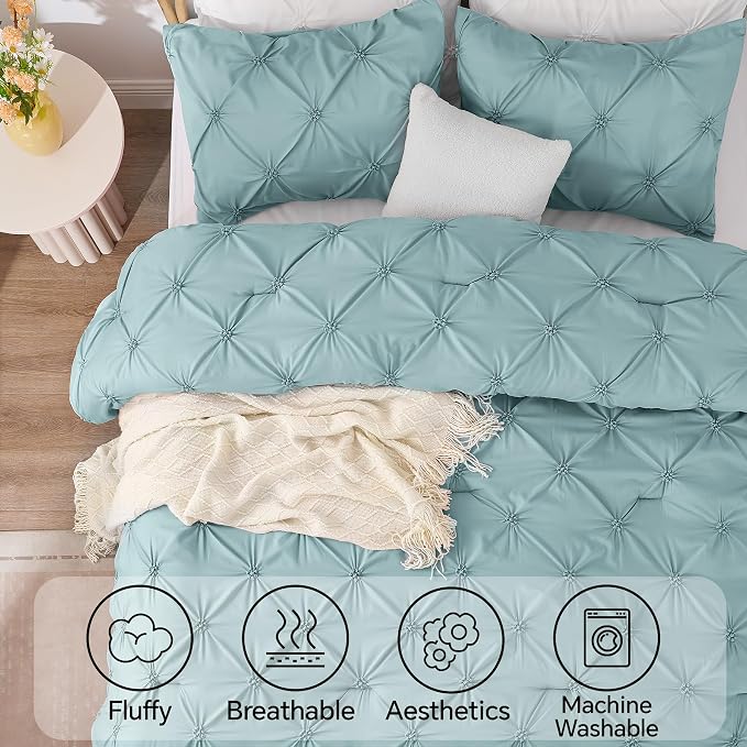 BEDELITE Queen Comforter Set Dusty Blue,Lightweight & Soft Comforter | Pintuck Boho Bedding, Warm & Cute Bed Set for All Season,With 2 Pillowcases