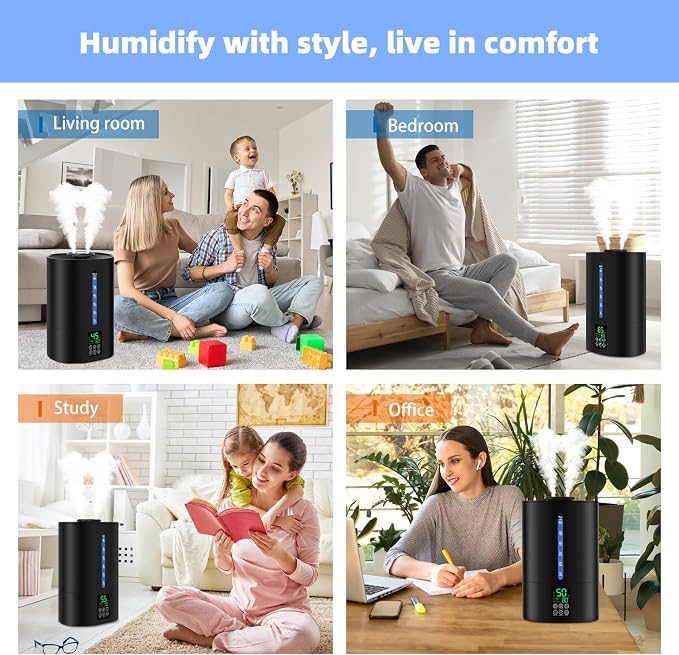 Coolfiqu 6L Warm & Cool Mist Humidifiers for Bedroom,Large Room,Plants | Quiet Top Fill Ultrasonic Humidifier,Essential Oil Diffuser, Auto Humidity Control,Hot Mist Desk Humidifiers,360° Nozzle