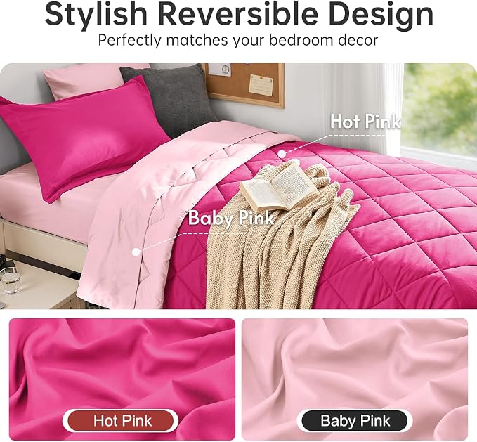 5 Pieces Twin XL Comforter Set, Reversible Bed in a Bag Twin XL Size, All Season Bedding Set with Comforter, Flat Sheet, Fitted Sheet, Pillowcases & Shams, Hot Pink & Baby Pink