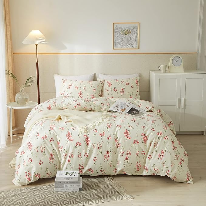 mixinni Boho Red Floral Girl Duvet Cover Set, Soft Cotton King Size 3-Piece Aesthetic Floral Bedding Set, 1 Chic Flower Leaf Pattern Duvet Cover and 2 Pillowcases for All Seasons-King Size