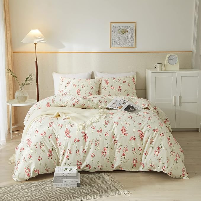 mixinni Boho Red Floral Girl Duvet Cover Set, Soft Cotton Twin Size 3-Piece Aesthetic Floral Bedding Set, 1 Chic Flower Leaf Pattern Duvet Cover and 2 Pillowcases for All Seasons-Twin Size