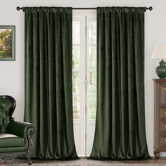 BGment Olive Green Velvet Blackout Curtains 52 x 84 Inch Length, 2 Panels | Super Soft, Luxury, Thick, Thermal Insulated Curtains, Room Darkening Drapes, Living Room, French Door, Back Tab Rod Pocket