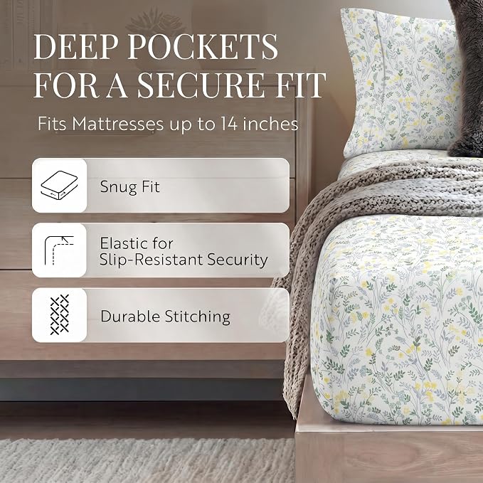 Linen Market Patterned Microfiber King Sheet Set 4 Piece – Oeko-TEX Certified Ultra Soft & Wrinkle-Free - 16" Deep Pocket Sheets - Easy Care King Size - Wildflower Light Blue