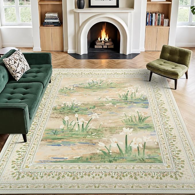 Washable Area Rugs 9 x 12 for Living Room,Large Carpet Beige Sage | Durable Stain Resistant,Kid Pet Friendly,Compatible with All Vacuums,0.25inch Low Pile for Bedroom Dining Room Home Office