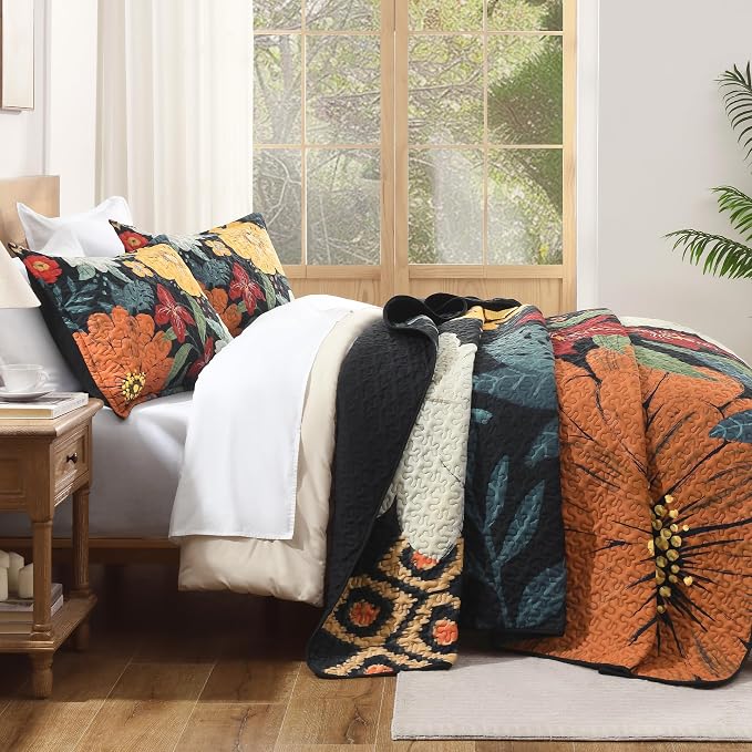Andency Oversized King Quilt Set Black, 120x120 Floral Super King Bedspread | 3 Pieces Navy Boho Flower Botanical Summer Bedspreads with 2 Shams, Reversible Polyester Coverlet Set for All Seasons