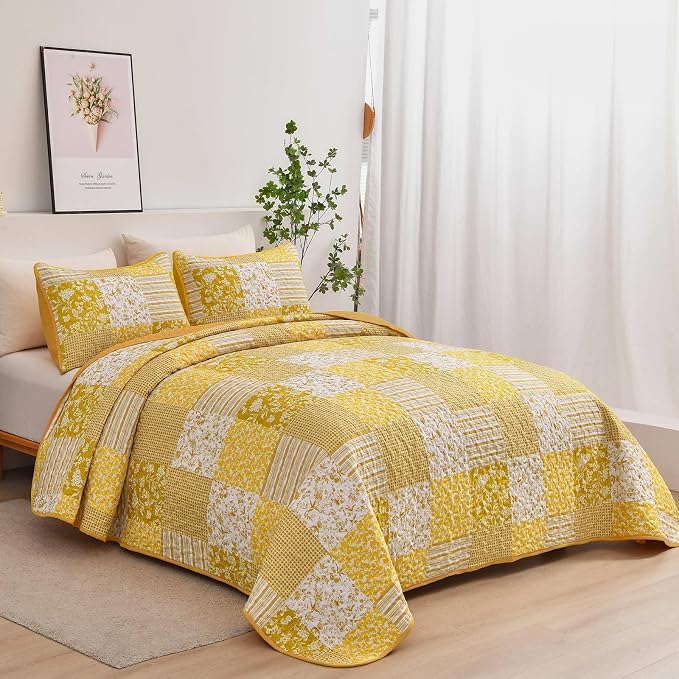Mybedsoul Yellow Boho Quilt Set Full Size, Patchwork Quilt Bedding Set | 3 Pieces Plaid Floral Bedspread Coverlet Set for All Seasons, Soft Lightweight Patchwork Reversible Bedding Set 78"×90"