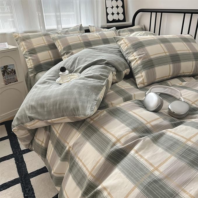Plaid Full Size Comforter Set Geometric Plaid Grid Comforter Set Fluffy Soft Microfiber Bedding Comforter Farmhouse Checkered Comforter Set for All Season 3 Piece Plaid Bedding Comforter Set Full Size