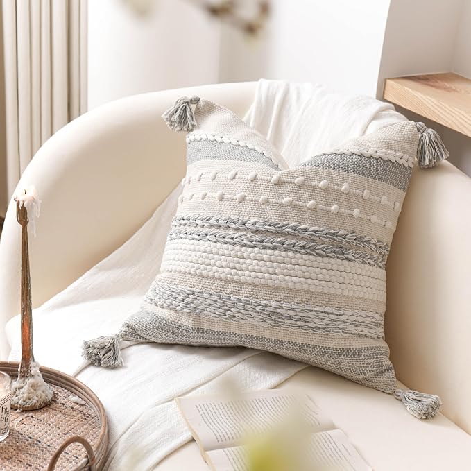 Gray Boho Decorative Throw Pillow Cover 22x22 Square Farmhouse Accent Cushion for Couch Sofa Livingroom Bedroom Pillowcase Modern Home Décor (Pack of 1)