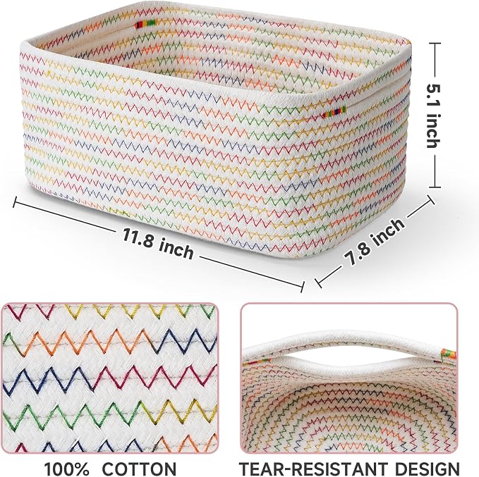 3 Pack Small Storage Baskets for Organizing, 11.8×7.8×5.1", Rainbow | Woven Baskets for shelves, Cotton Rope Basket for Gifts Empty, Closet Organizer Bins with Handles, Cube Decorative Box
