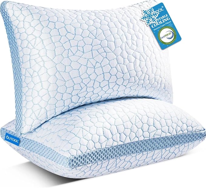 QUTOOL Enhanced Cooling Pillows for Sleeping, CertiPUR-US Shredded Memory Foam Pillows Queen Size Set of 2 for Hot Sleeper, Adjustable Bed Pillow for Side, Back, Stomach Sleepers Support Yet Soft Blue