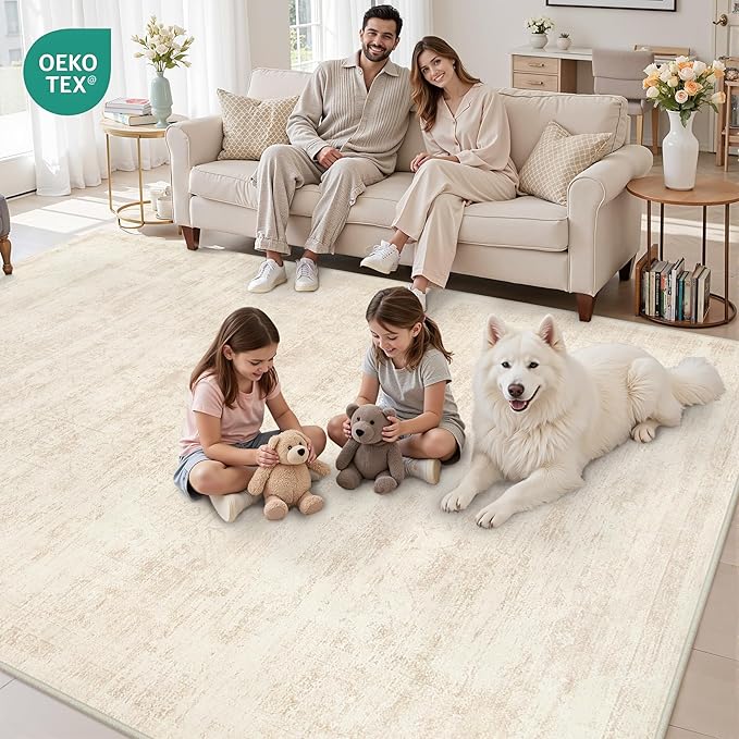 6x9 Area Rugs Living Room: Bedroom Washable Carpet Retro Beige | Large Vintage Boho Indoor Decor Neutral Soft Nursery Farmhouse Dining Room Office Floor Non-Slip Low Pile Under Table Rug