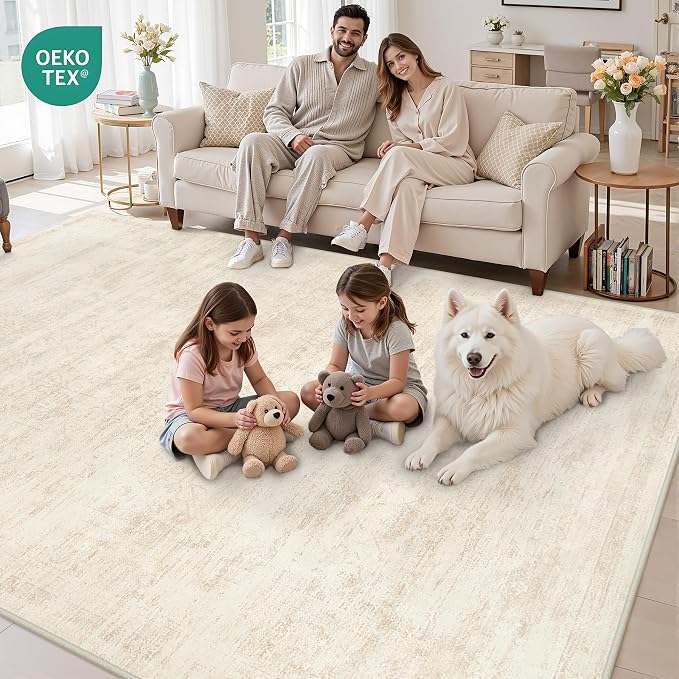 Area Rugs 9x12 Living Room: Bedroom Washable Carpet Retro Beige | Large Vintage Boho Indoor Decor Neutral Soft Nursery Farmhouse Dining Room Office Floor Non-Slip Low Pile Under Table Rug
